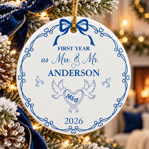 Royal Blue First Year As Mrs & Mr Custom Name Ceramic Tree Decoration