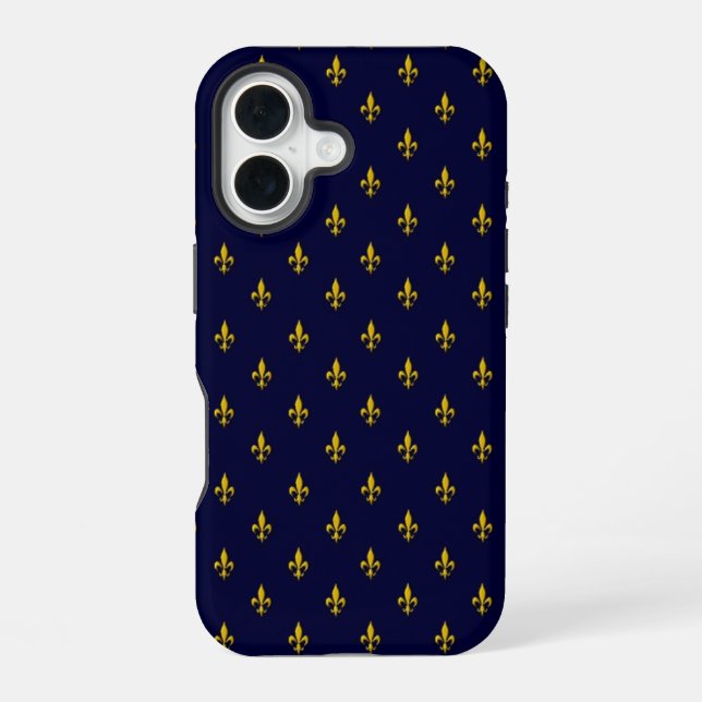 Royal Blue Fleur De Lis Pattern iPhone 16 Case (Back)