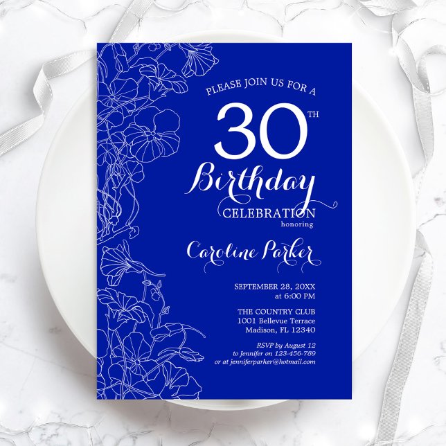 Royal Blue Floral 30th Birthday Party Invitation (Creator Uploaded)