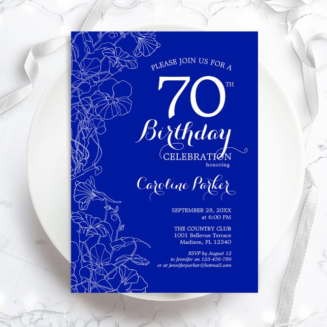 Royal Blue Floral 70th Birthday Party Invitation (Creator Uploaded)
