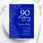 Royal Blue Floral 90th Birthday Party Invitation<br><div class="desc">Royal Blue Floral 90th Birthday Party Invitation. Minimalist modern design featuring botanical outline drawings accents and typography script font. Simple trendy invite card perfect for a stylish female bday celebration. Can be customised to any age. Printed Zazzle invitations or instant download digital printable template.</div>