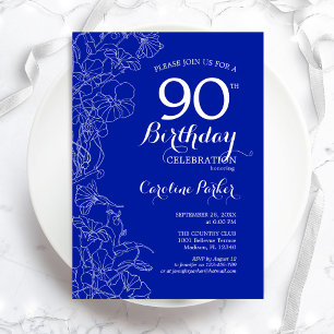 Royal Blue Floral 90th Birthday Party Invitation