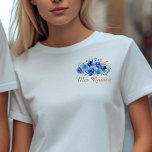 Royal Blue Floral and Gold Leaf Mis Quince T-Shirt<br><div class="desc">Royal Blue Rose and Gold Leaf Floral Mis Quince T-shirt with fully editable text. Elegant floral design with watercolor rose flower blooms and leaves in shades of blue and gold. Modern chic design for your 15th birthday shopping trips and dance practices. Please browse my Rose and Gold Leaf Collection for...</div>