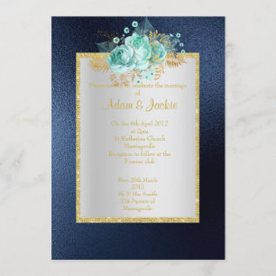 ROYAL BLUE Floral aqua ELEGANT CLASSY WEDDING Invitation