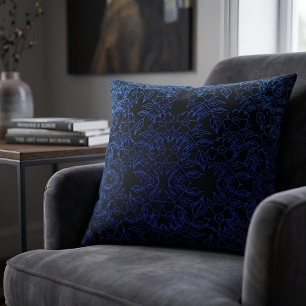 Royal Blue Floral Baroque Art on Black Cushion