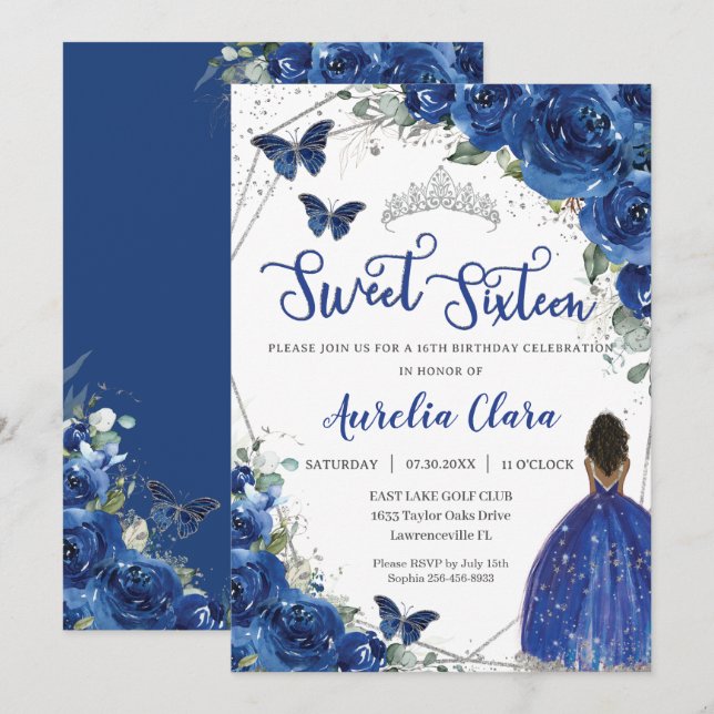 Royal Blue Floral Brown Princess Sweet 16 Birthday Invitation (Front/Back)