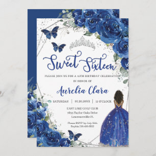Royal Blue Floral Brown Princess Sweet 16 Birthday Invitation