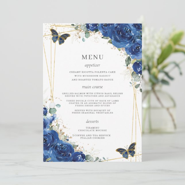 Royal Blue Floral Butterflies Quinceanera Menu (Standing Front)
