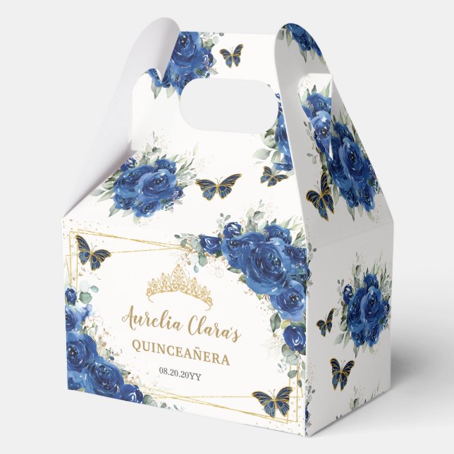 Royal Blue Floral Butterflies XV 16 Birthday Gable Favour Box (Front)