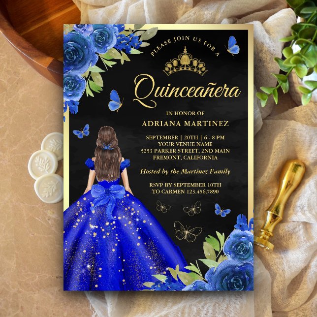 Royal Blue Floral Butterfly Black Gold Quinceanera Invitation (Creator Uploaded)