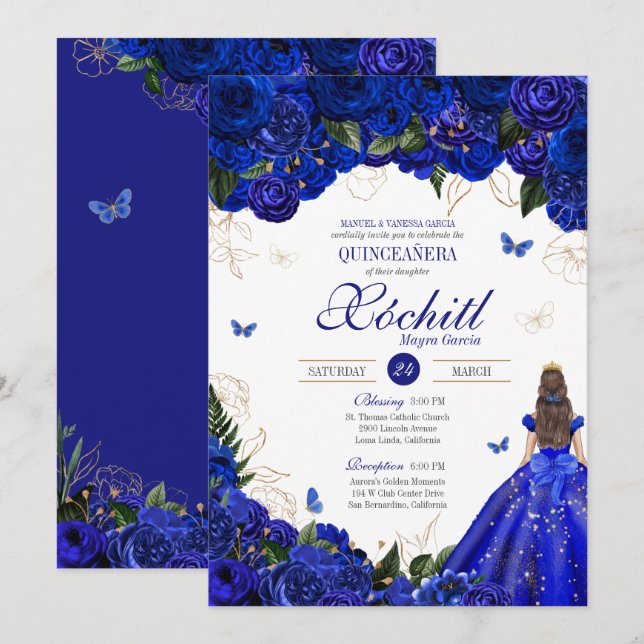 Royal Blue Floral Butterfly Elegant Quinceañera  Invitation (Front/Back)