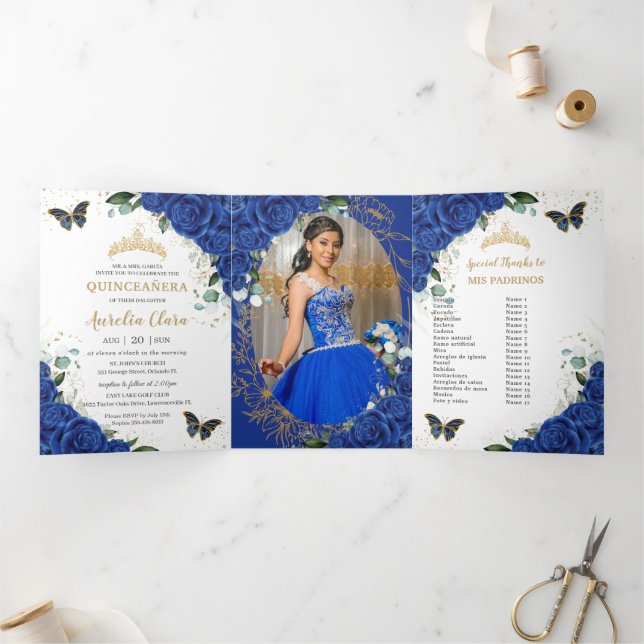 Royal Blue Floral Butterfly Quinceañera 15 Photos Tri-Fold Invitation (Inside)
