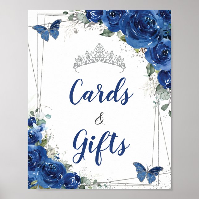 Royal Blue Floral Butterfly Quinceañera Cards Gift Poster (Front)