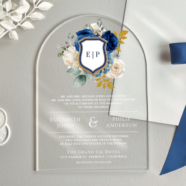Royal Blue Floral Crest Monogram Wedding Acrylic Invitations (Creator Uploaded)