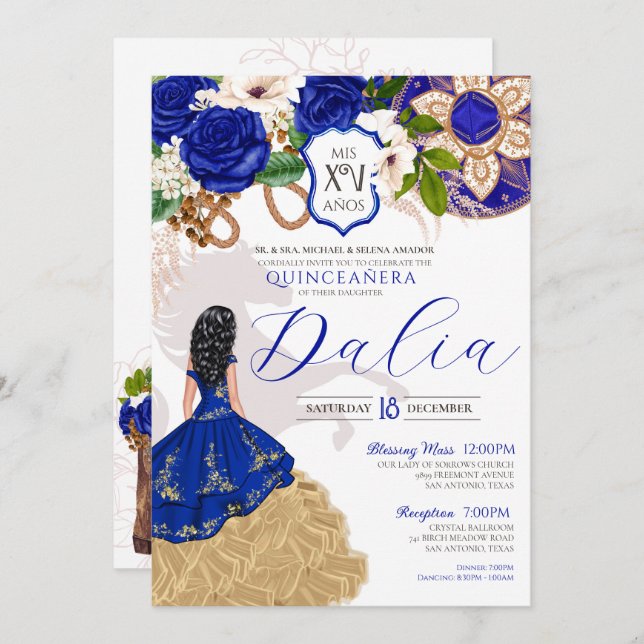 Royal Blue Floral Crest Rose Charro Quinceañera In Invitation (Front/Back)