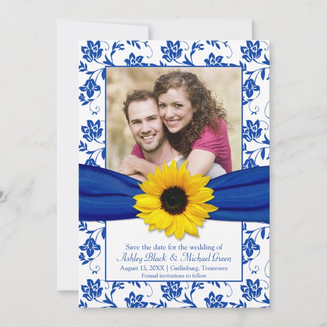 Royal Blue Floral Damask Sunflower Save the Date (Front)