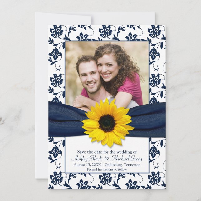 Royal Blue Floral Damask Sunflower Save the Date (Front)