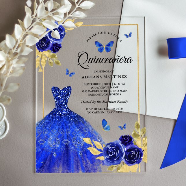Royal Blue Floral Dress Butterfly Gold Quinceanera Acrylic Invitations (Creator Uploaded)