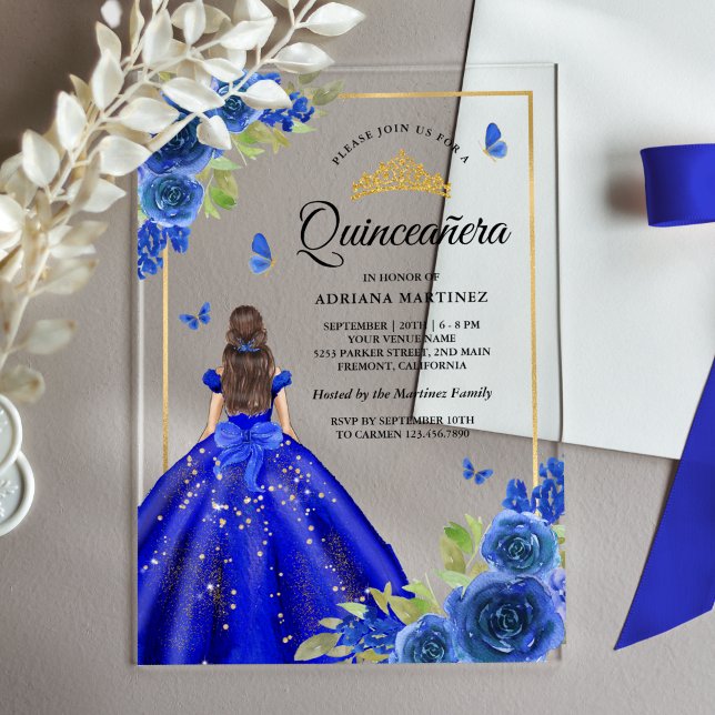 Royal Blue Floral Dress Butterfly Quinceanera  Acrylic Invitations (Creator Uploaded)