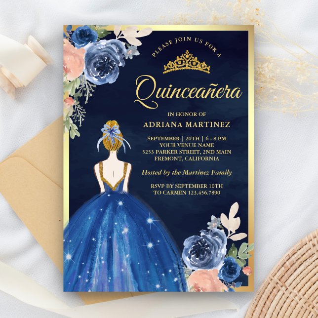Royal Blue Floral Dress Navy Gold Quinceanera Invitation (Creator Uploaded)