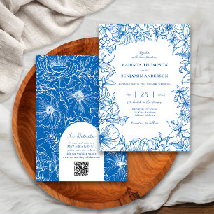 Royal Blue Floral Garden Arch RSVP QR Code Wedding Invitation
