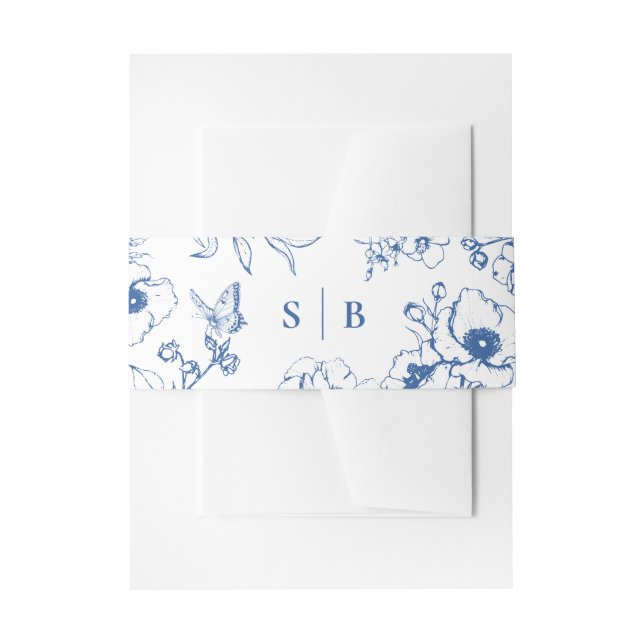 Royal Blue Floral Garden Monogram Wedding Invitation Belly Band (Front Example)