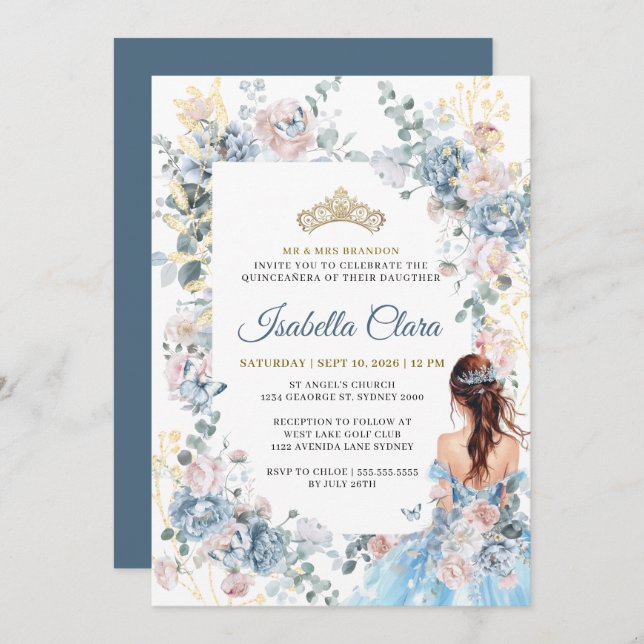 Royal Blue Floral Garden Quinceanera Invitation (Front/Back)