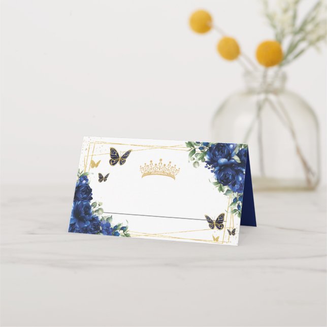 Royal Blue Floral Gold Butterflies Quinceañera 15 Place Card (Front)