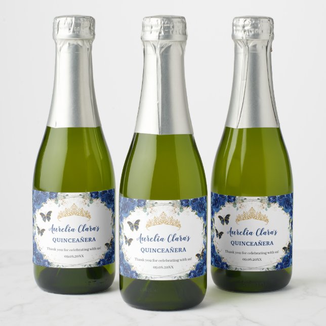 Royal Blue Floral Gold Butterflies Quinceañera Sparkling Wine Label (Bottles)