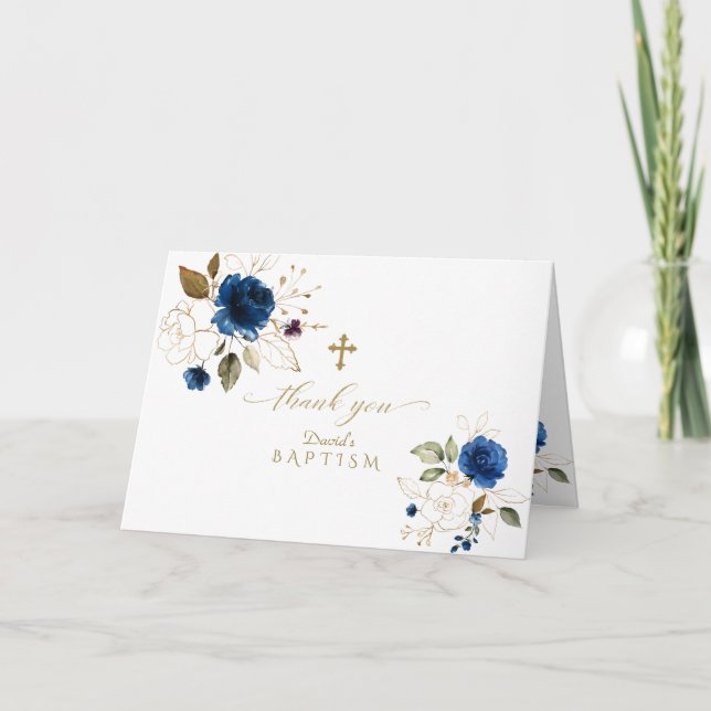 Royal Blue Floral Gold Frame Cross Boy Baptism Thank You Card (Front)