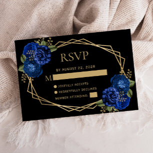 Royal Blue Floral Gold Geo Black Wedding Details RSVP Card