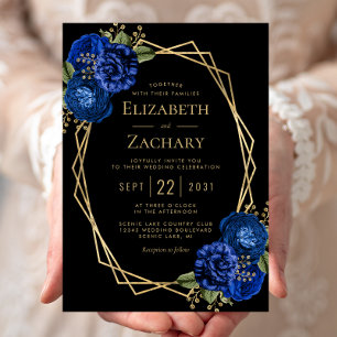 Royal Blue Floral Gold Geometric Black Wedding Invitation
