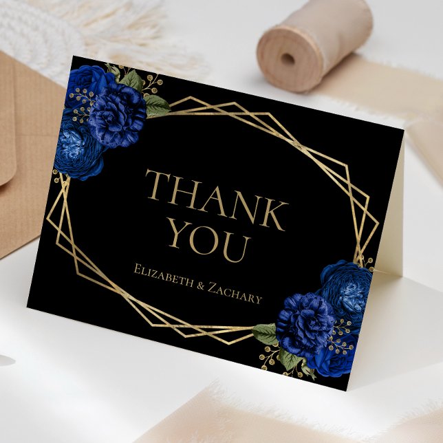 Royal Blue Floral Gold Geometric Black Wedding Thank You Card (Creator Uploaded)