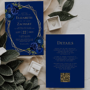 Royal Blue Floral Gold Geometric QR Code Wedding Invitation