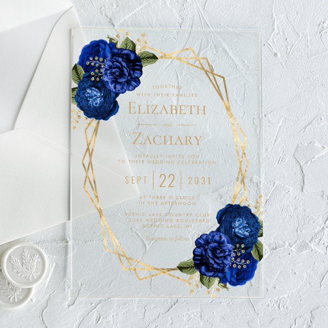 Royal Blue Floral Gold Geometric Wedding Acrylic Invitations (Creator Uploaded)