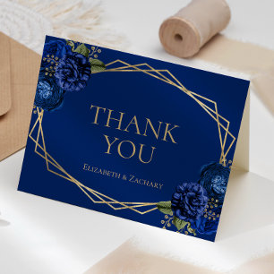 Royal Blue Floral Gold Geometric Wedding Thank You Card