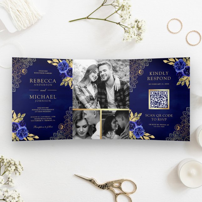 Royal Blue Floral Gold Lace QR Code Wedding Tri-Fold Invitation (Creator Uploaded)