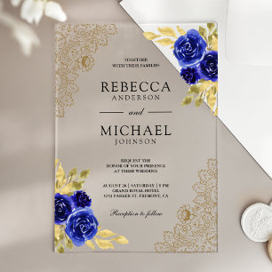 Royal Blue Floral Gold Lace Wedding Acrylic Invitations