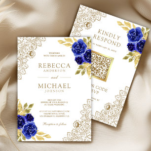 Royal Blue Floral Gold Lace White QR Code Wedding Invitation