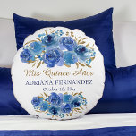 Royal Blue Floral Gold Leaf Quinceanera Keepsake Round Cushion<br><div class="desc">Royal Blue Rose and Gold Leaf Floral Quinceanera keepsake pillow with fully editable text. Elegant framed design with watercolor rose flower blooms and leaves in shades of blue and gold. Modern chic design for your 15th birthday celebration. Please browse my Rose and Gold Leaf Collection for matching products or message...</div>