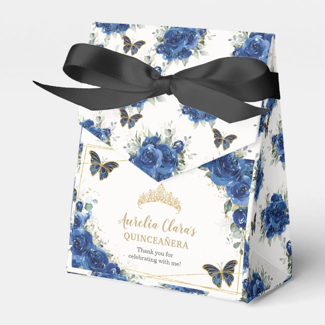 Royal Blue Floral Gold Quinceañera 16 Butterflies Favour Box (Front Side)
