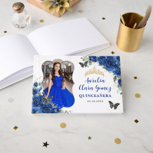 Royal Blue Floral Gold QUINCEAÑERA 16 Photograph Guest Book