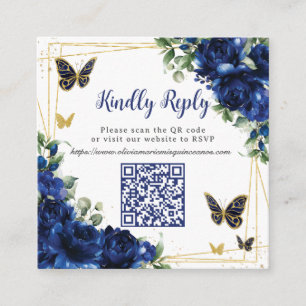 Royal Blue Floral Gold Quinceañera 16 QR Code RSVP Enclosure Card