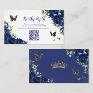 Royal Blue Floral Gold Quinceañera 16 QR Code RSVP Enclosure Card