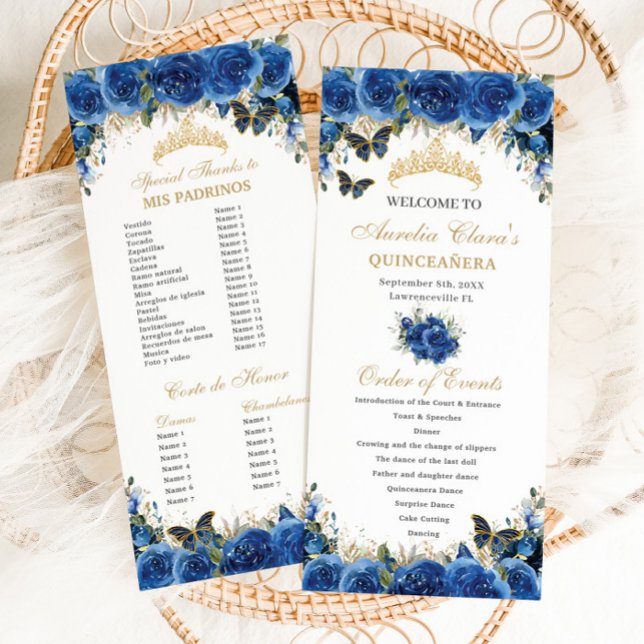 Royal Blue Floral Gold Quinceañera Order of Events Programme (Creator Uploaded)