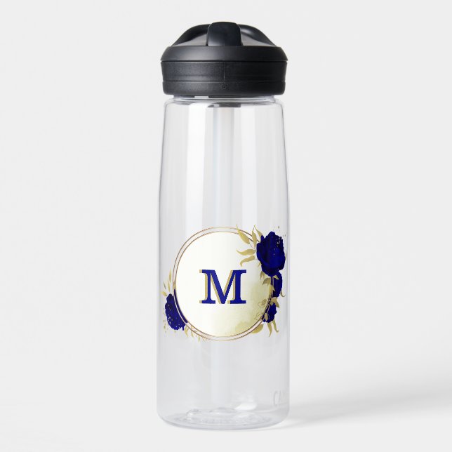 royal blue floral gold water bottle (Front)