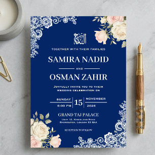 Royal Blue Floral Lace Nikkah Muslim Wedding Invitation