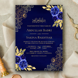 Royal Blue Floral Lace QR Code Muslim Wedding Invitation