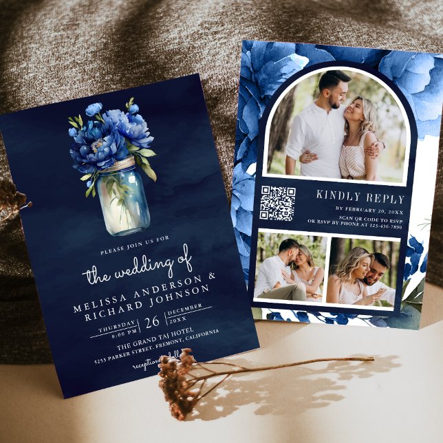 Royal Blue Floral Mason Jar QR Code Navy Wedding Invitation (Creator Uploaded)
