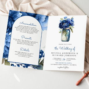Royal Blue Floral Mason Jar QR Code Wedding Invitation